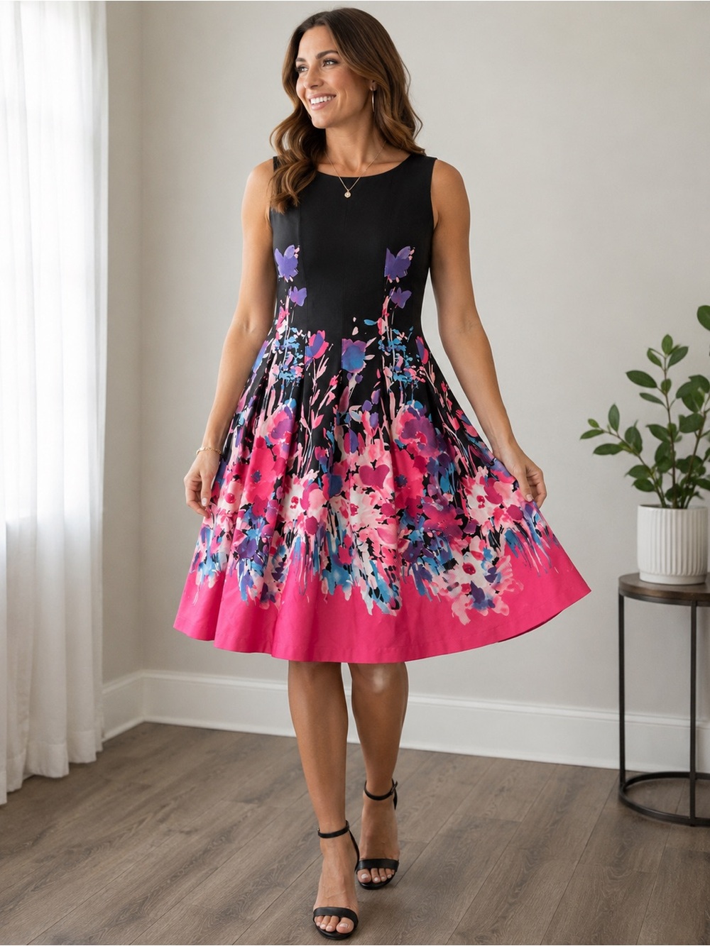 Leslie Fay Black Fit-and-Flare Midi Dress with Pink Floral Border